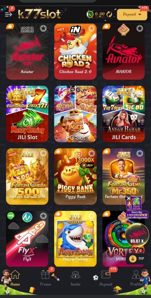 K77slot Game APK Download Earning App Interface.