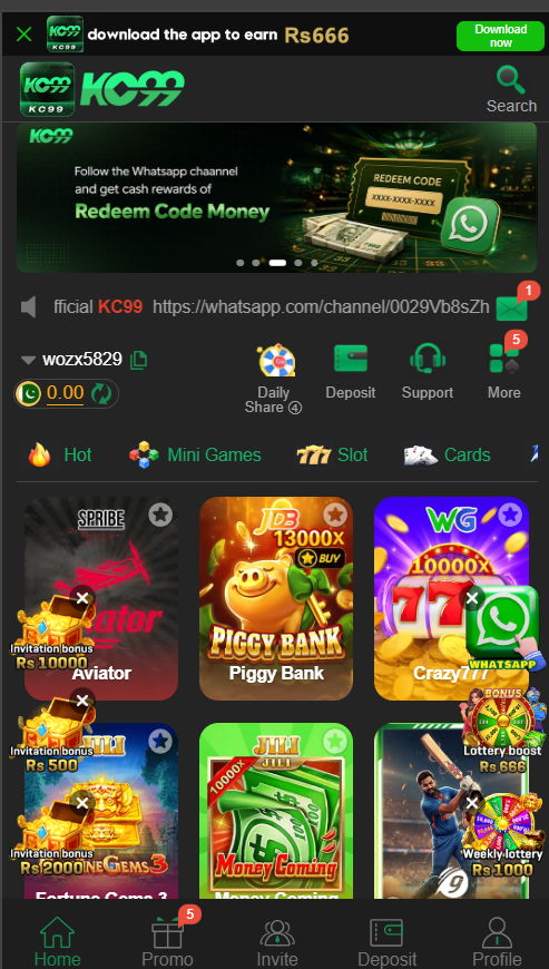 KC99 Game APK Latest Interface Page